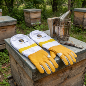 Gloves pair flat on hive top smoker and tool apiary
