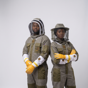 Olive suit duo studio portrait waist