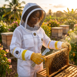 White suit woman lifting bee frame flower garden